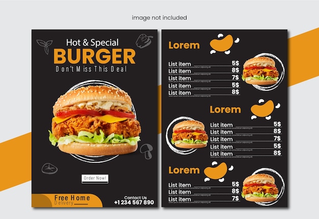 Modello di progettazione del volantino del menu dell'alimento dell'hamburger