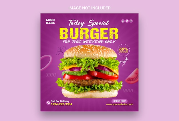 Burger food menu promotion social media Instagram post banner design template