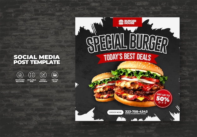 Vector burger food menu and restaurant post for social media template vector