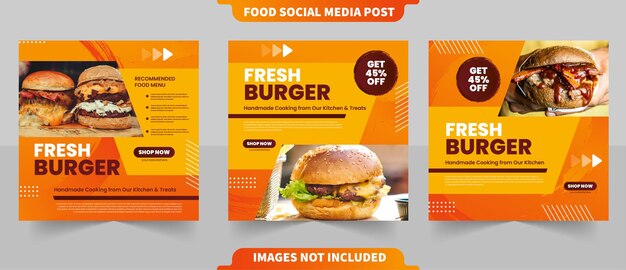 Menu di hamburger o menu di promozione del ristorante per post quadrato di instagram sui social media con modello di foto modificabile