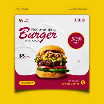 Modello di banner social media menu hamburger e cibo
