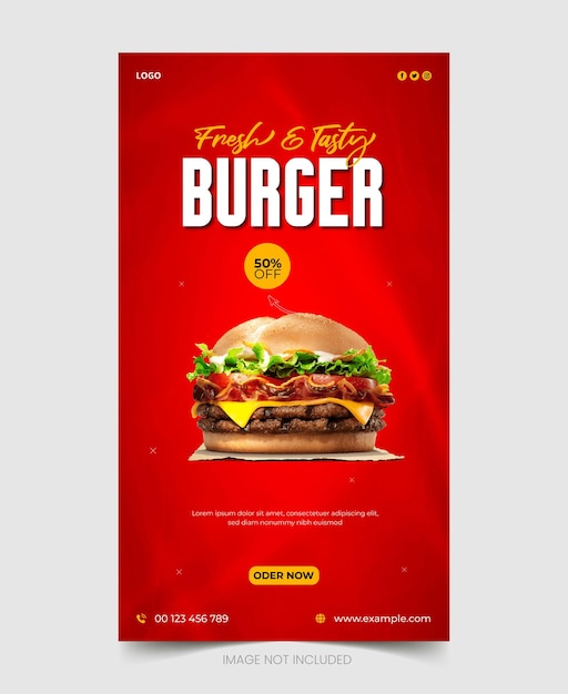 Modello di banner della storia di instagram dei social media del menu di hamburger e cibo