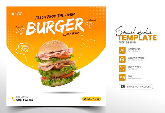 Burger food social media promotion and banner post design template with orange and white background