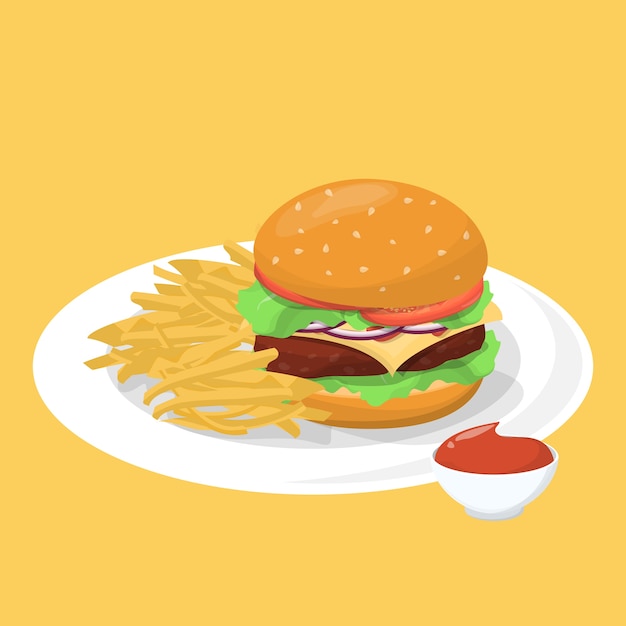 Burger, french fries and ketchup on the plate