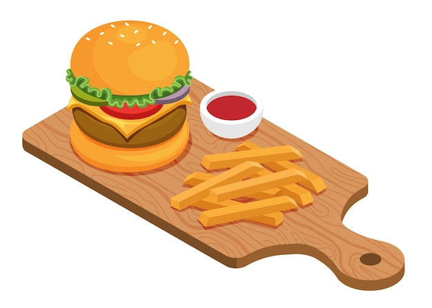 Burger and french fries on wooden board