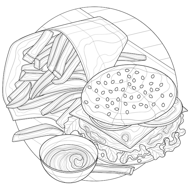 ハンバーガー、フライドポテト、ソース。子供と大人のためのfood.coloringbookantistress。禅もつれスタイル。白黒の描画