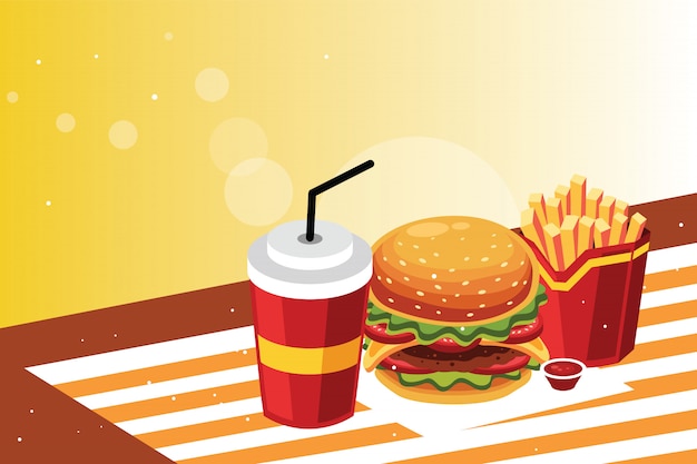 Vector burger and fries with cold drink