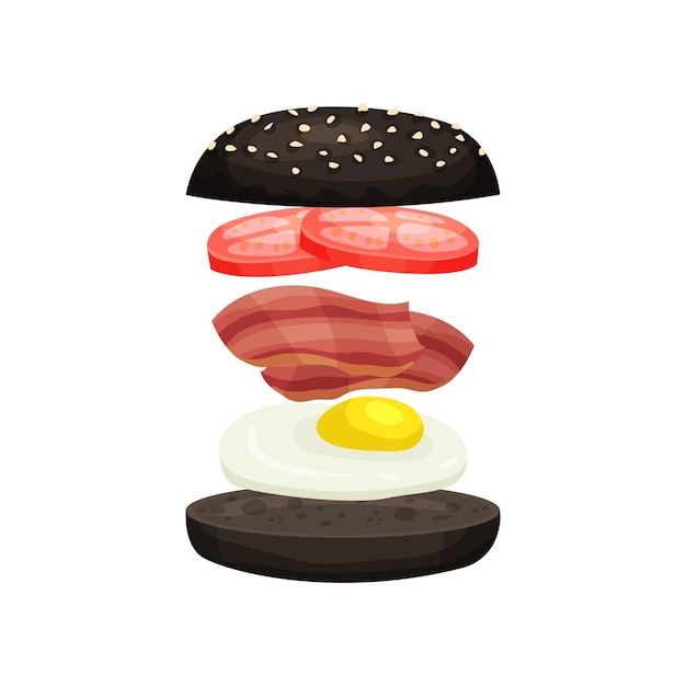 참깨 신선한 토마토 베이컨과 계란 프라이를 곁들인 검은색 롤빵에서 나온 버거 프로모션 포스터 모바일 앱 또는 메뉴를 위한 맛있는 패스트 푸드 플랫 벡터 디자인