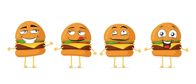 バーガー面白い笑顔の漫画のキャラクターセットハンバーガーかわいい幸せそうな顔のマスコットコレクションベクトル高速