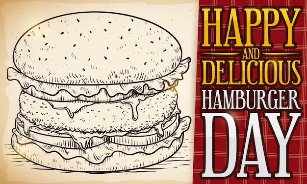 ハンバーガーを手に、ハンバーガーの日を祝うスタイルと挨拶を描く