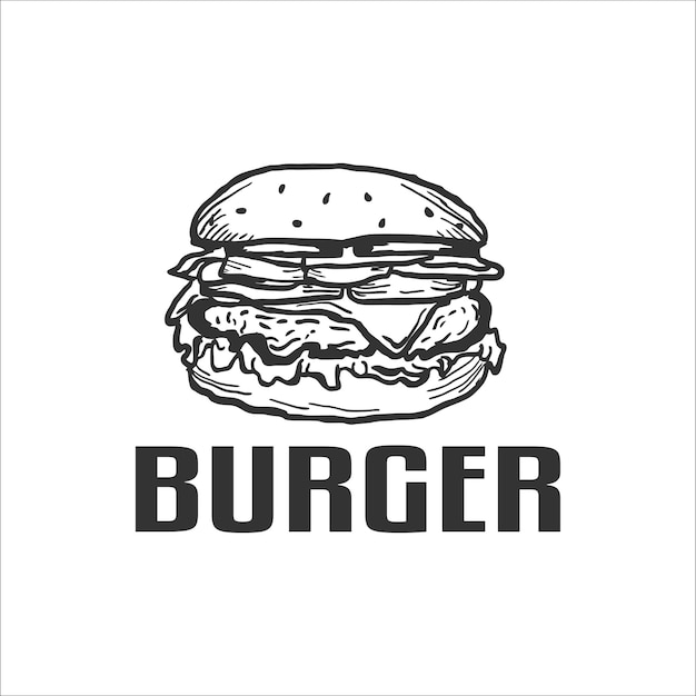 Burger hand drawing beef buger with tomato and lettuce vector isolated on black background