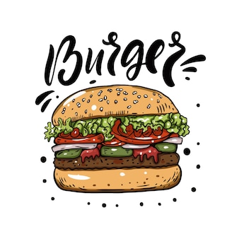 Hamburger disegnato a mano colorato illustrazione vettoriale moderno stile cartone animato isolato su sfondo bianco