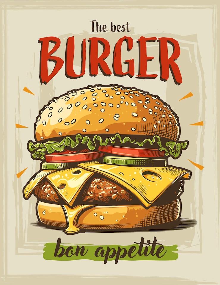 Vector burger hand drawn vector illustration hamburger with cheese vintage style