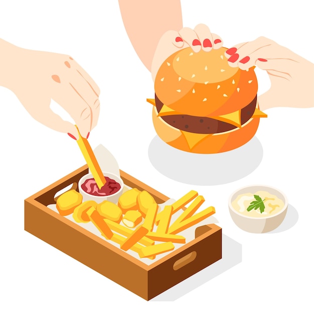 Illustrazione isometrica di hamburger con vista delle mani umane con patatine fritte menu combinato e piatto di salsa