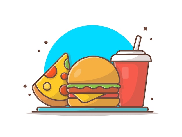 Vector burger icon with slice of pizza and soda icon illustration