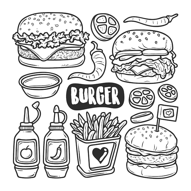 Vettore colorazione di scarabocchio disegnato a mano delle icone dell'hamburger