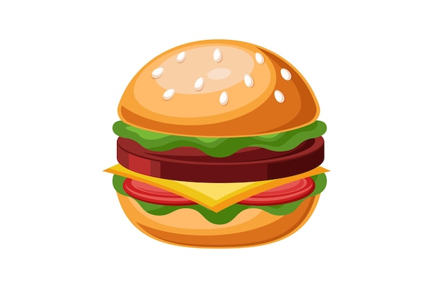 Burger illustratie cartoon stijl Fast food broodje met rundvlees gesneden kaas sla en tomaten