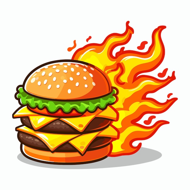Vector burger kaas met vuur cartoon stijl vector illustratie