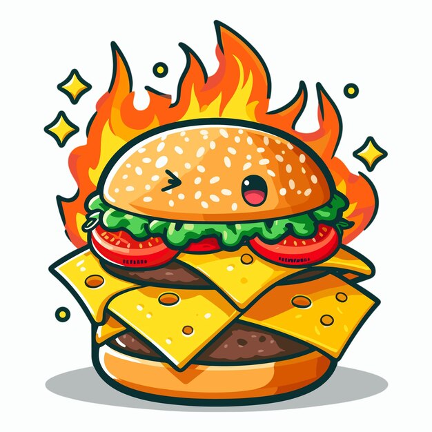 Vector burger kaas met vuur cartoon stijl vector illustratie