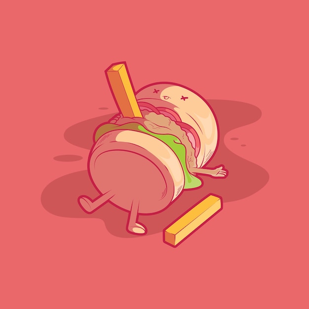 Hamburger ucciso con un'illustrazione vettoriale di patatine fritte concetto di design del marchio alimentare divertente