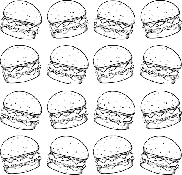 burger line hand draw black white seamless pattern texture