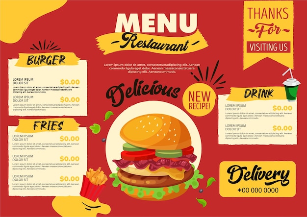 Disegno del modello del menu del ristorante burger