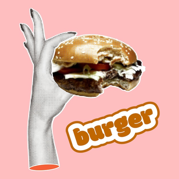 Burger personage in retro cartoon stijl Hamburger met grappige gezichtsuitdrukking armen en benen Fast