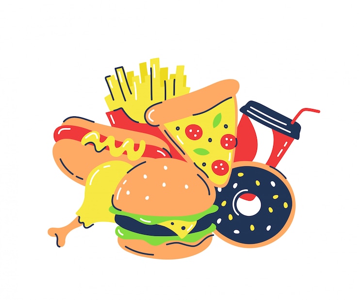 Vector burger, pizza, donut. hot dog and other fast food products