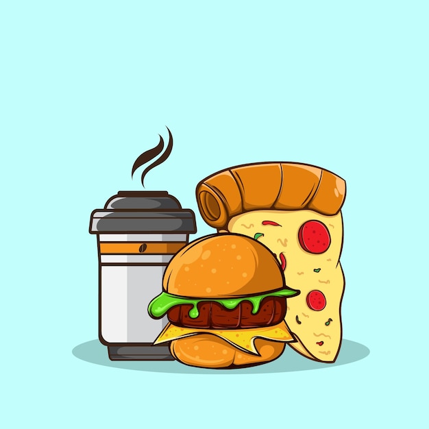 Burger pizza en koffiekop vector illustratie