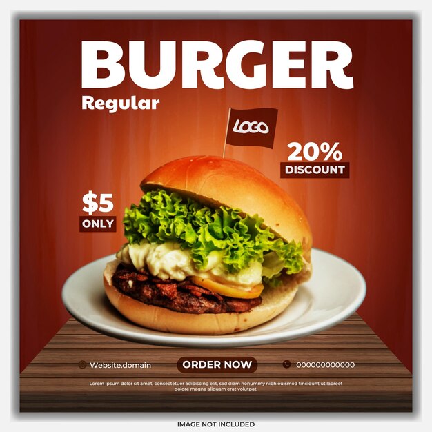 Vector burger post sociale media ontwerp voedsel sjabloon banner restaurant met houten tafel