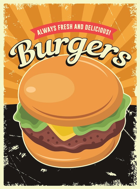맛있는 햄버거가 있는 버거 포스터. 패스트 푸드 레스토랑 광고 포스터 벡터 템플릿