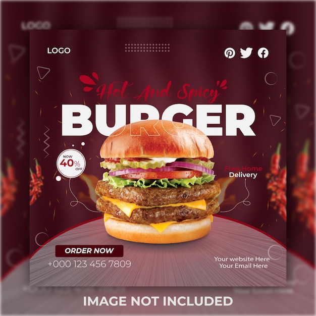 Promozione hamburger food design, modello di post sui social media.