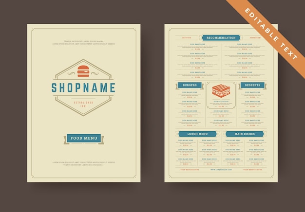 Burger restaurant menu layout design brochure or fast food flyer editable text template illustration. hamburger logo with vintage typographic decoration elements and fast food graphics.