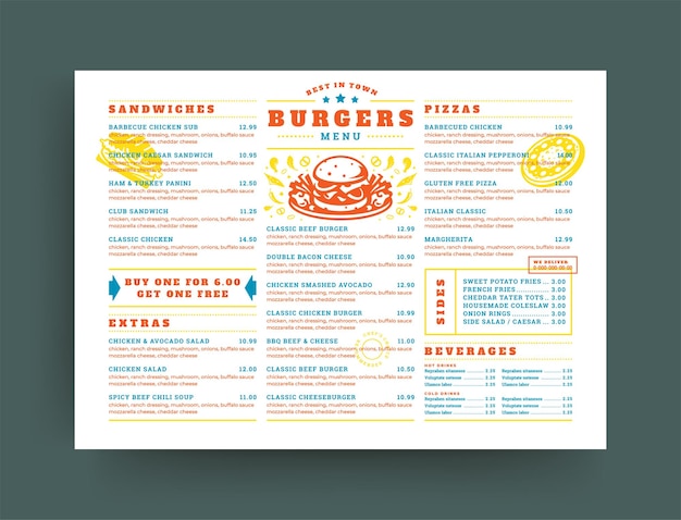 Burger restaurant menu layout design brochure or food flyer template vector illustration