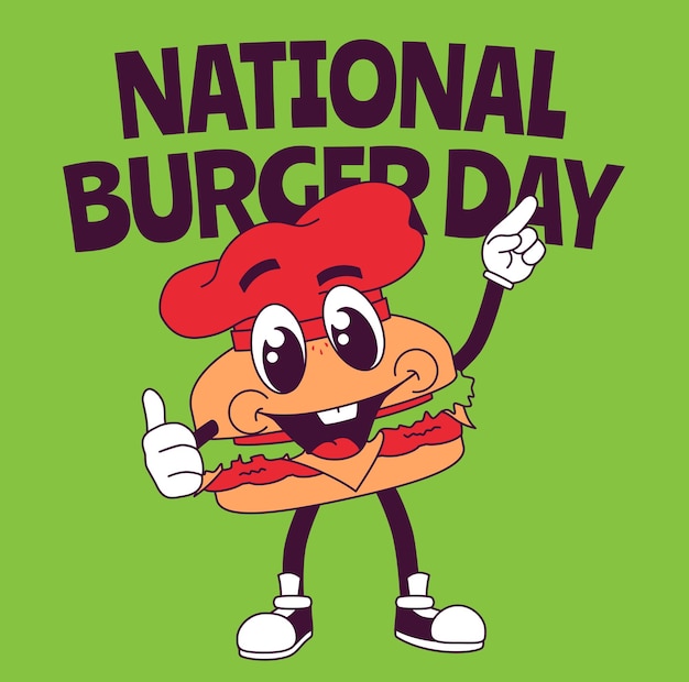 Vettore burger personaggio dei cartoni animati pop retrò con un cappello rosso e dice il giorno nazionale dell'hamburger