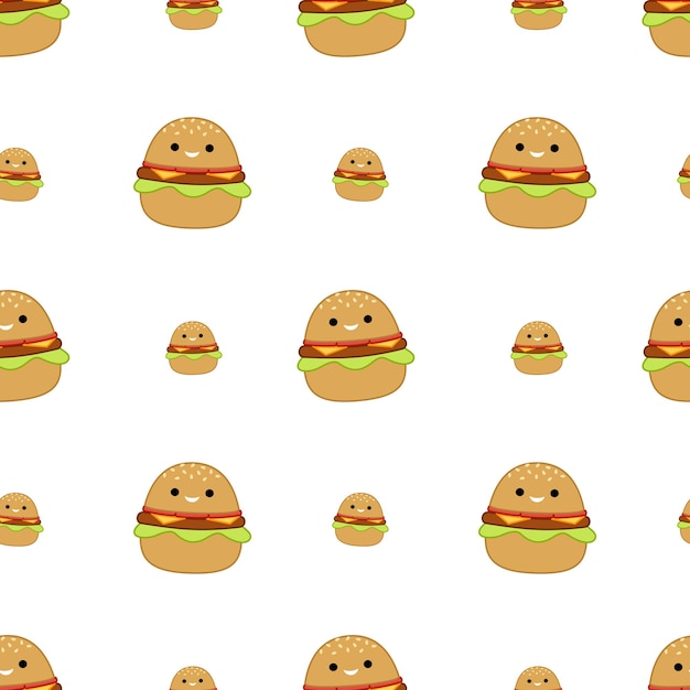 Burger on seamless pattern Squishmallow Funny burger Kawaii Vector