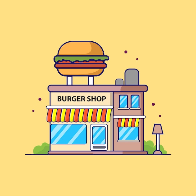 Vettore edificio dell'illustrazione vettoriale dell'icona del negozio di hamburger e concetto dell'icona del punto di riferimento