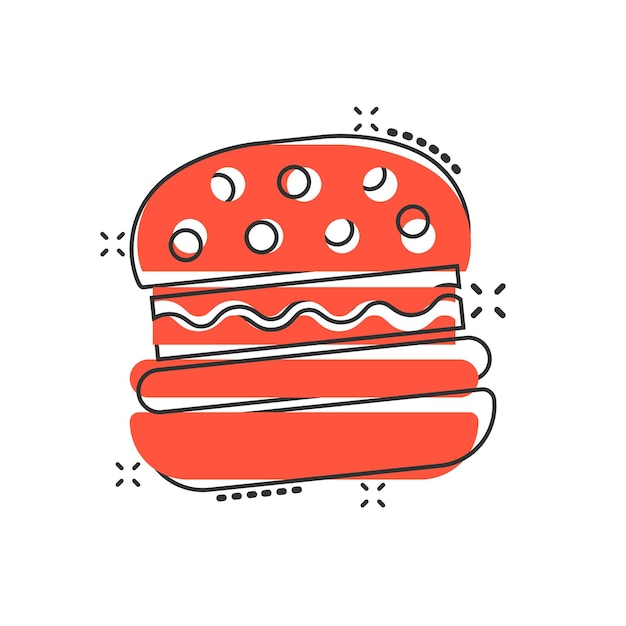 만화 스타일의 햄버거 표지판 아이콘 색 고립된 배경에 햄버그 터 만화 일러스트레이션 치즈버거 비즈니스 개념 스플래시 효과