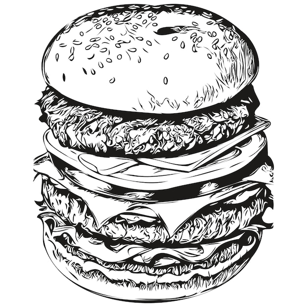 Ritratto grafico impreciso dell'hamburger di un hamburger su un hamburger del fondo bianco