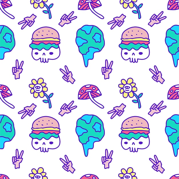 Burger skull, melted earth, sunflower, peace hand background seamless pattern illustration.