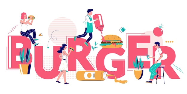 Burger snack food typografie banner sjabloon vector platte illustratie Fast food restaurant chefs koken en mensen eten heerlijke hamburger cheeseburger Burger huis concept