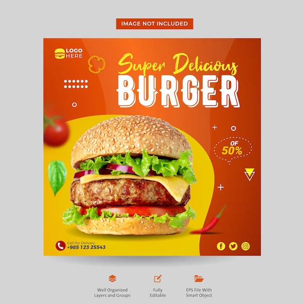 Menu di cibo per banner di social media burger e delizioso modello