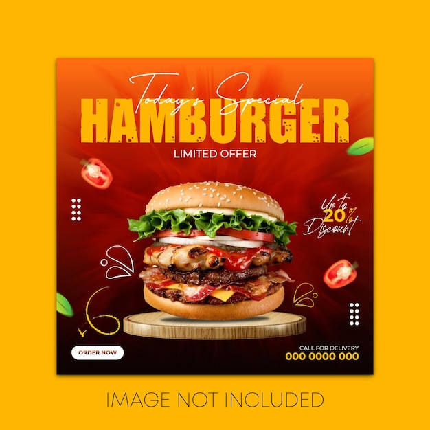 레스토랑 및 맛있는 버거 웹 배너 템플릿에 대한 버거 소셜 미디어 게시물