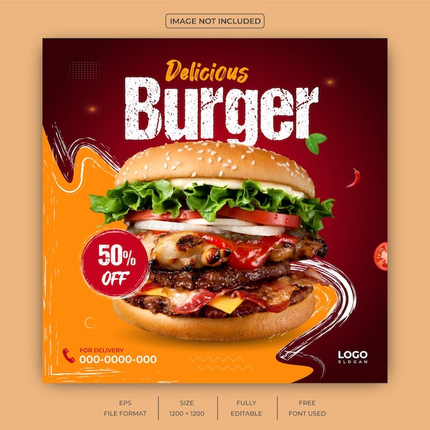 Burger social media post template or food banner design layout for Instagram