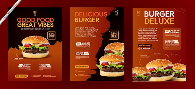 Burger social media post design vettoriale con colore arancione scuro