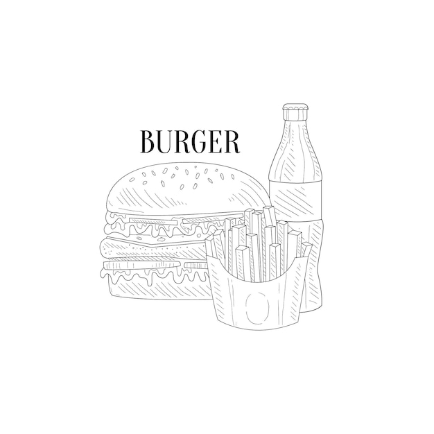 Бургер сода и картофель фри рисованной реалистичный эскиз
