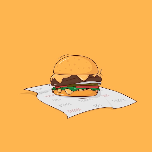 Burger template in cartoon design with wrapping paper in yellow background