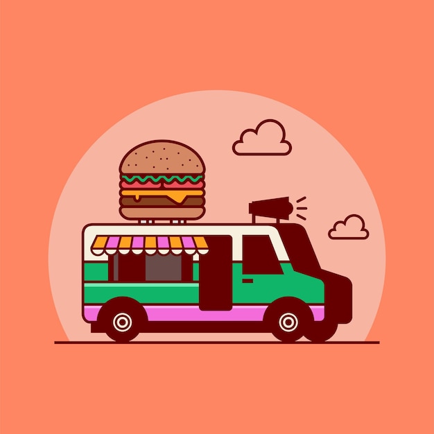 Burger truck van with burger vector illustration mobile food truck