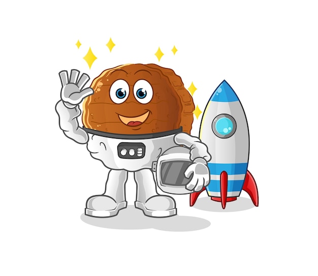 Burger vlees astronaut zwaaien karakter. cartoon mascotte vector