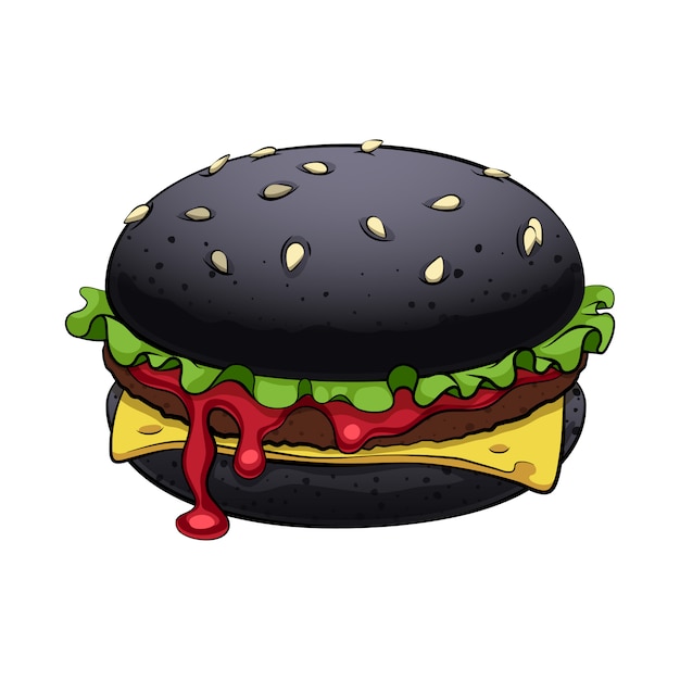 Vector burger with black bun  illsutration. trendy fast food.